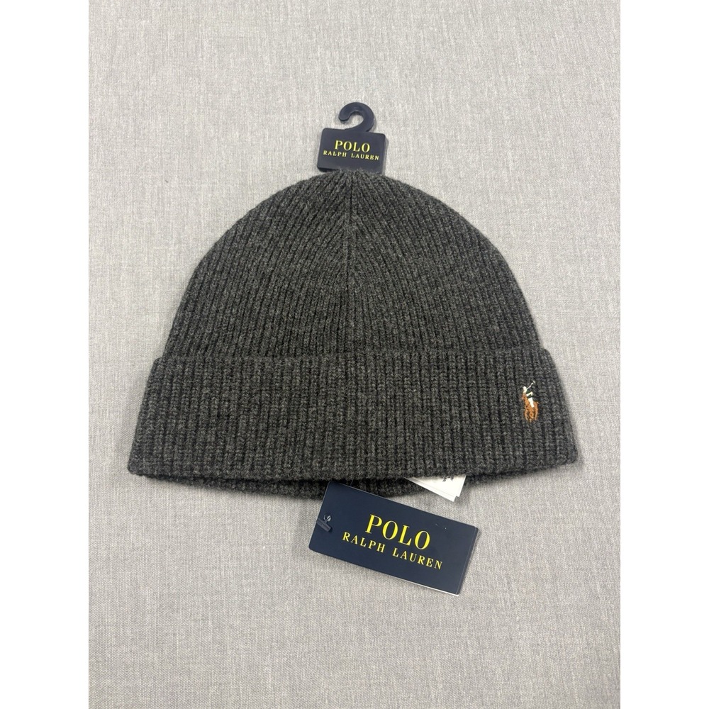 Polo Ralph Lauren Cuffed Knit Wool Blend Beanie Dark Grey Flesh Pony O/S NWT